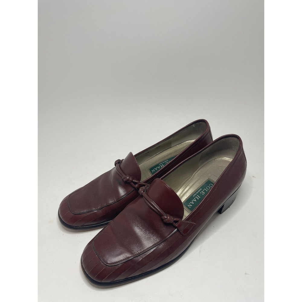 Cole Haan Womens Loafers 7.5B Burgundy Leather Block Heel Square Toe Knot Italy
